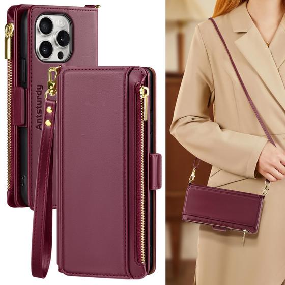 Imagem de Capa tipo Carteira Antsturdy para iPhone 16 Pro Max - Vermelho Vinho