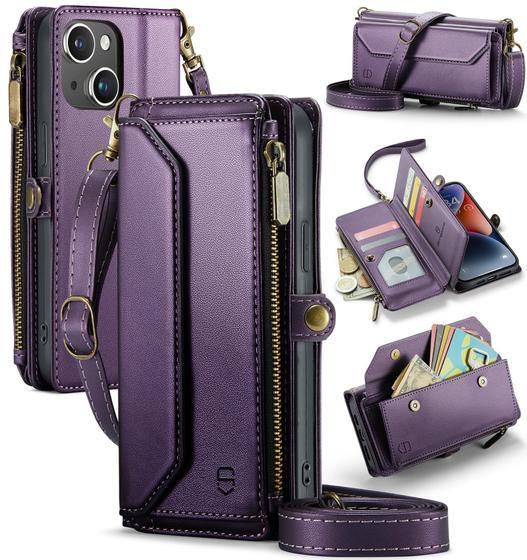 Imagem de Capa tipo carteira crossbody compatível com Strapurs para iPhone 14 roxa