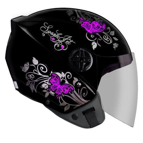 Imagem de Capacete Aberto Feminino Ebf Spark Jet Borboleta Preto e Rosa Brilhante Moto