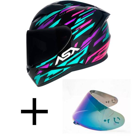 Imagem de Capacete ASX City Arrow Preto Tiffany e Roxo Mais Viseira Camaleão