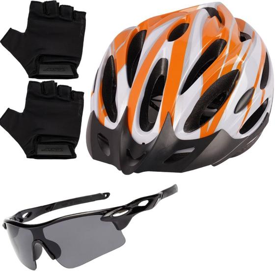 Imagem de Capacete Bike Ciclismo Mtb Com Sinalizador De Led + Óculos Esporte + Par De Luvas