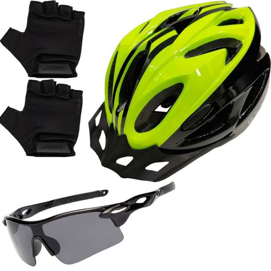 Imagem de Capacete Bike Ciclismo Mtb Com Sinalizador De Led + Óculos Esporte + Par De Luvas