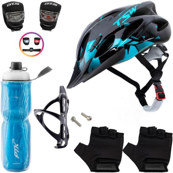 Imagem de Capacete Bike Tsw Ciclismo Mtb + Garrafa Térmica + Suporte + Sinalizador + Par De Luvas