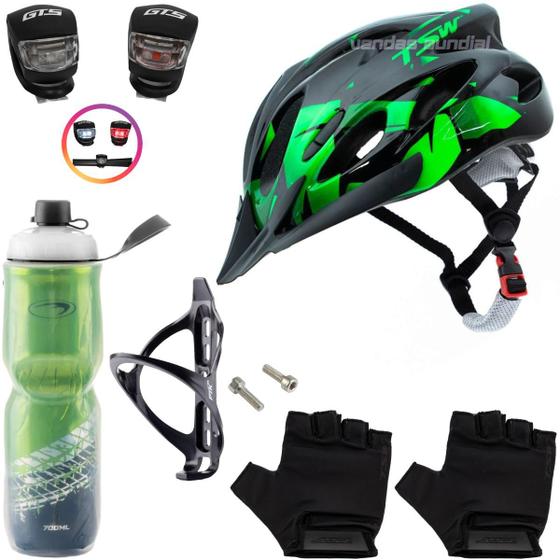 Imagem de Capacete Bike Tsw Ciclismo Mtb + Garrafa Térmica + Suporte + Sinalizador + Par De Luvas