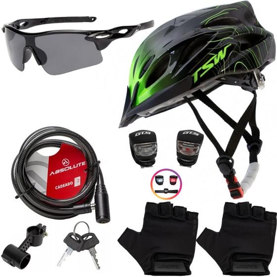 Imagem de Capacete Ciclismo Bike + Cadeado Trava Bicicleta + Pisca + Óculos + Par De Luvas