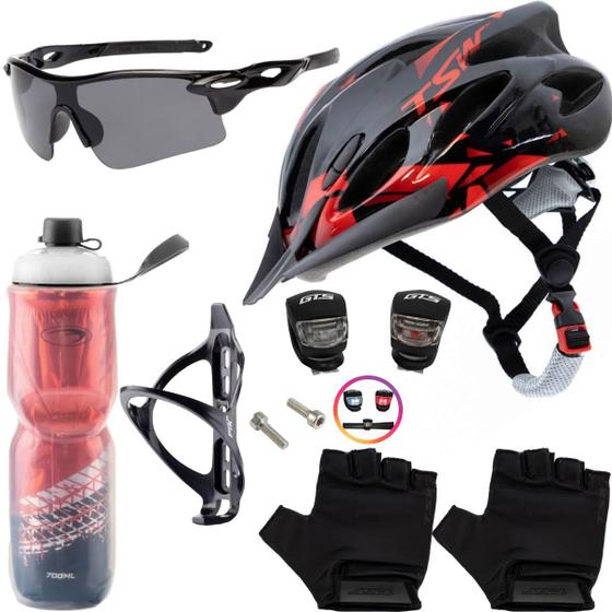 Imagem de Capacete Ciclismo Bike + Garrafa Térmica + Suporte + Pisca + Óculos + Par De Luvas