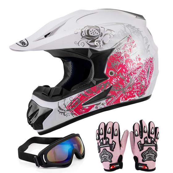 Imagem de Capacete Dirt Bike OUMURS DOT Infantil Rosa com Luvas e Óculos - Tamanho P