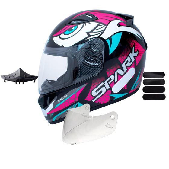 Imagem de Capacete Ebf Spark Dragon Preto Rosa Com Narigueira Mais Viseira Cristal e Adesivo Preto