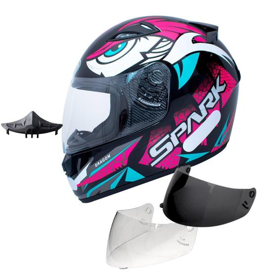 Imagem de Capacete Ebf Spark Dragon Preto Rosa Com Narigueira Mais Viseira Fumê Cristal