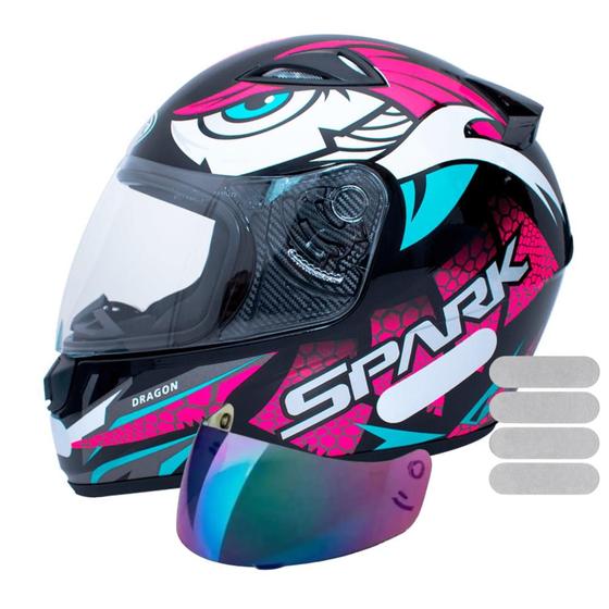 Imagem de Capacete Ebf Spark Dragon Preto Rosa Mais Viseira Camaleão e Adesivo Branco