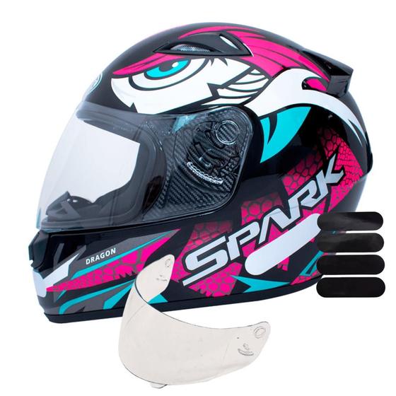 Imagem de Capacete Ebf Spark Dragon Preto Rosa Mais Viseira Cristal e Adesivo Preto