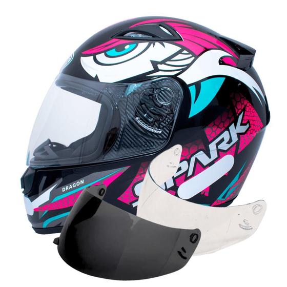 Imagem de Capacete Ebf Spark Dragon Preto Rosa Mais Viseira Fumê e Cristal