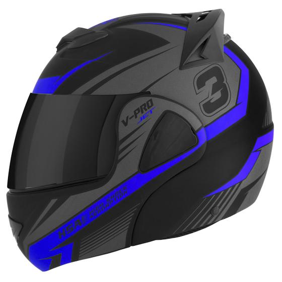 Imagem de Capacete Fechado Escamoteavel Robocop Articulado V-pro Jet 3 Preto Viseira Fumê Pro Tork Masculino