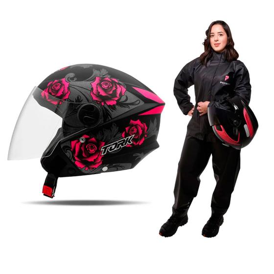 Imagem de Capacete Moto Aberto Preto Flores Rosa New Liberty Three Flowers Fosco Diversos Tamanhos + Capa de Chuva PVC