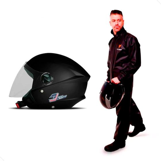 Imagem de Capacete Moto Aberto Preto Fosco New Liberty Three Elite Pro Tork Viseira Transparente Diversos Tamanhos + Capa de Chuva