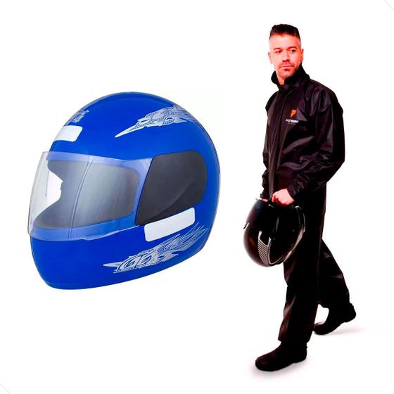 Imagem de Capacete Moto Azul Fechado Pro Tork Liberty Four Viseira Transparente Diversos Tamanhos + Capa de chuva PVC Pioneira