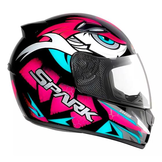 Imagem de Capacete Moto Fechado Spark Dragon Viseira Cristal Preto c/ Rosa Inmetro Tamanho 56 - EBF