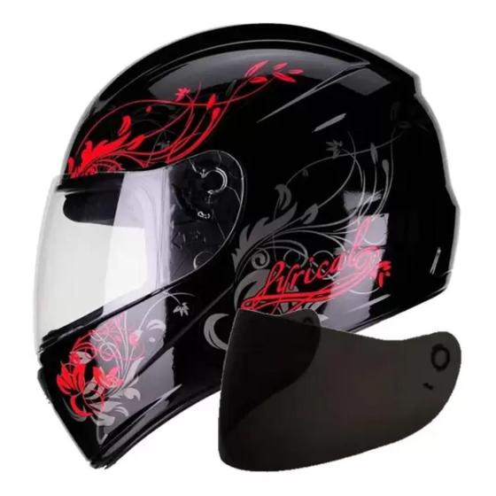 Imagem de Capacete Moto Feminino Fly F9 Lyrical Preto Vermelho Com Viseira Fume Extra