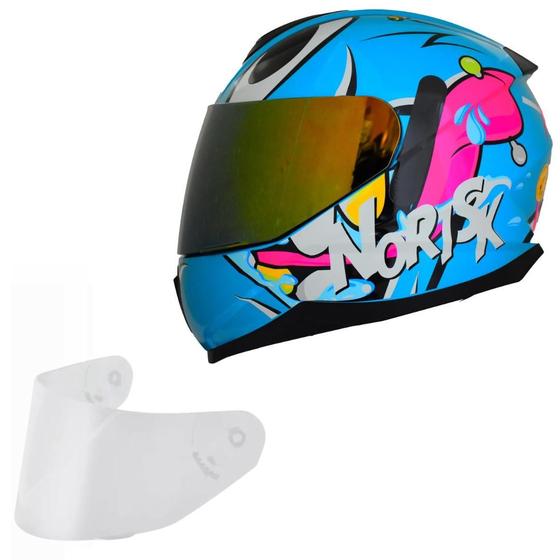 Imagem de Capacete Moto Feminino Norisk Razor Mad Azul Viseira Dourada