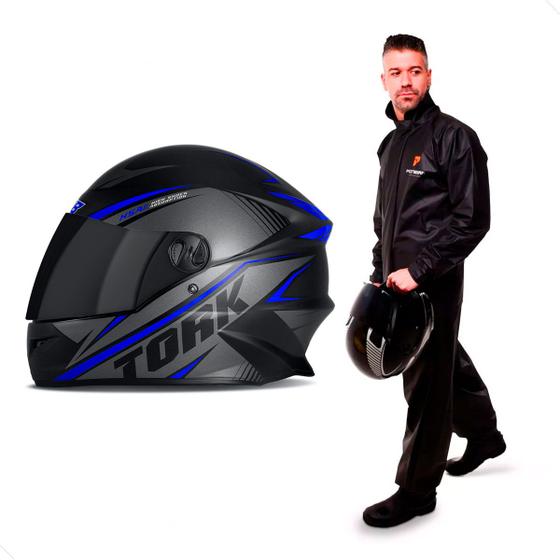 Imagem de Capacete Moto Pro Tork Fechado R8 Air Fosco Viseira Fume Preto/Azul + Capa de Chuva Pioneira