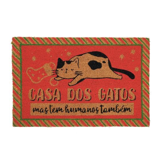 Imagem de Capacho Pet com Frase Casa dos Gatos Mas Tem Humanos Também. 60X40. Vermelho, Marrom e Preto