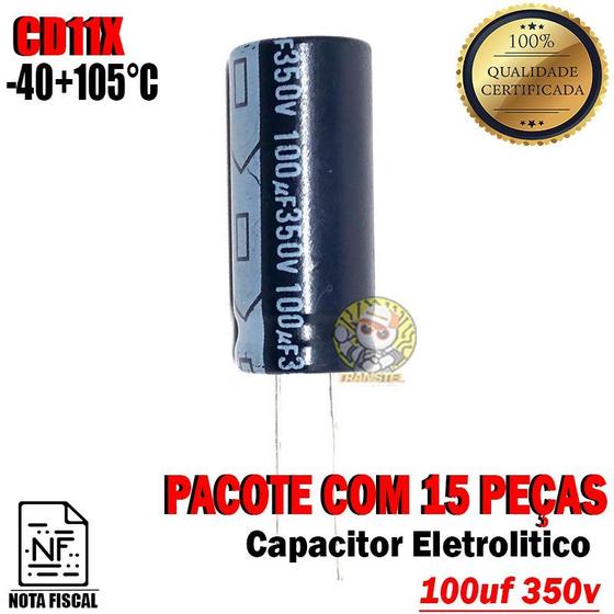 Imagem de Capacitor Eletrolitico 100uf 350v 105ºC Pacote com 15 unidades