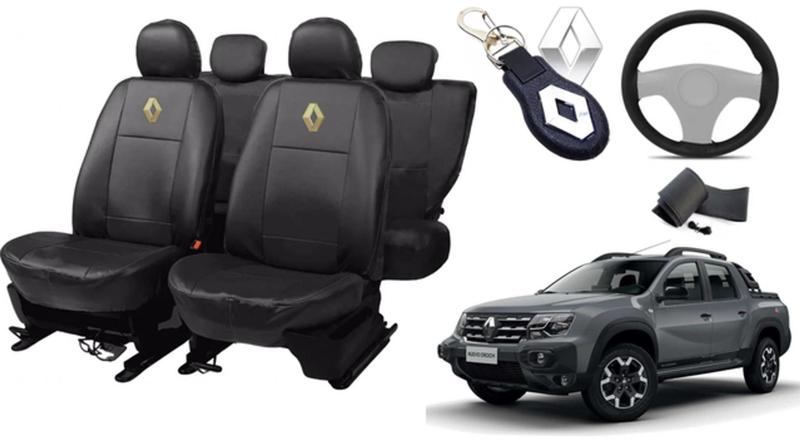 Imagem de Capas de Couro Impermeável Renault Oroch 2019 + Chaveiro Renault + Capa de Volante