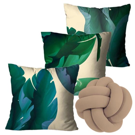 Imagem de Capas para Almofadas Folhas Verdes (kit com 3 capas) + Almofada Nó (Bege)