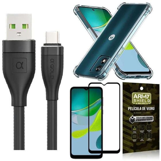 Capinha Moto E13 + Kit Cabo Tipo C 2 Metros + Película 3D - Armyshield Imagem de Capinha Moto E13 + Kit Cabo Tipo C 2 Metros + Película 3D