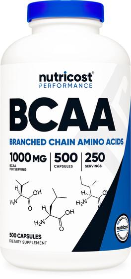 Imagem de Cápsulas Nutricost BCAA 2:1:1 500mg, 500 Caps, 250 Porções - 500mg de L-Leucina, 250mg de L-Isoleucine e L-Valine Per Serving