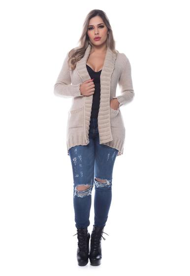 Imagem de Cardigan Feminino Tricot Com Bolso de Inverno HL272