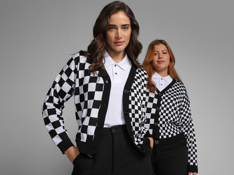 Imagem de Cardigan Vista Magalu Jacquard Tricô Quadriculado