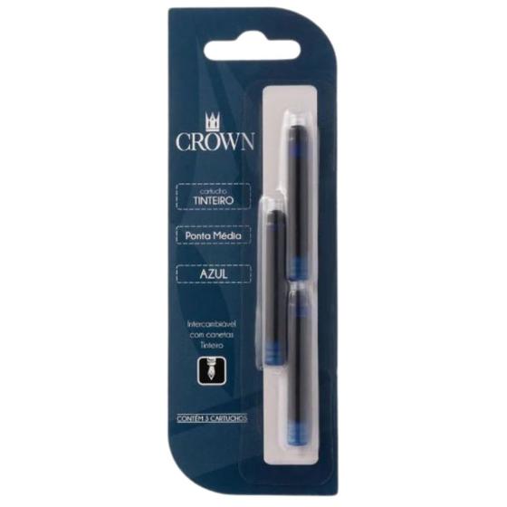 Imagem de Carga Para Caneta Crown Tinteiro Com 3 Refil CA32005A - Cor Azul