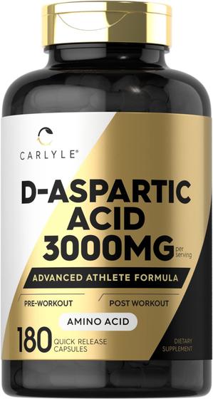 Imagem de Carlyle D Cápsulas de ácido aspártico (DAA)  3000mg  180  de contagem Não-OGM, suplemento sem glúten  Fórmula Atleta Avançada