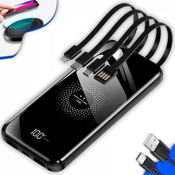Imagem de Carregador 10000mah Com 4 Cabos E Carregamento Sem Fio led Cor Preto