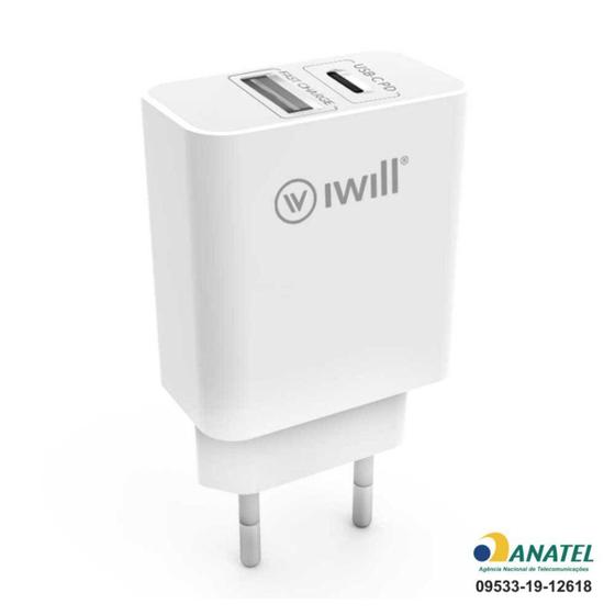Imagem de Carregador Adaptador de Parede com 1 USB e 1 USB-C PD - Iwill