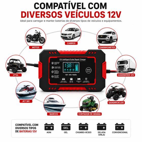 Carregador Automotivo Profissional Bivolt 12V 6A Inteligente Baterias de 4Ah a 100Ah Motos Carros Caminhões - NoroTech Eletrônicos
