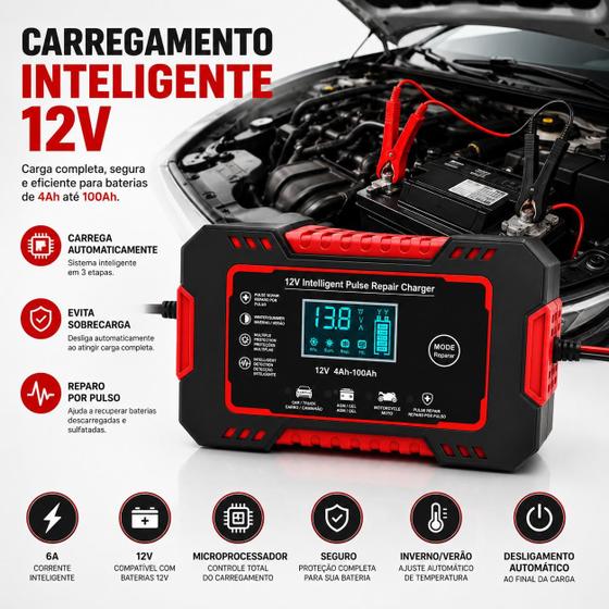 Carregador Automotivo Profissional Bivolt 12V 6A Inteligente Baterias de 4Ah a 100Ah Motos Carros Caminhões - NoroTech Eletrônicos