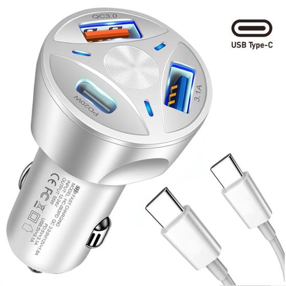 Carregador + Cabo Turbo 55w PD Tipo C Veicular Compativel Samsung Xiaomi Motorola Menor preço em Carregador + Cabo Turbo 55w PD Tipo C Veicular Compativel Samsung Xiaomi Motorola