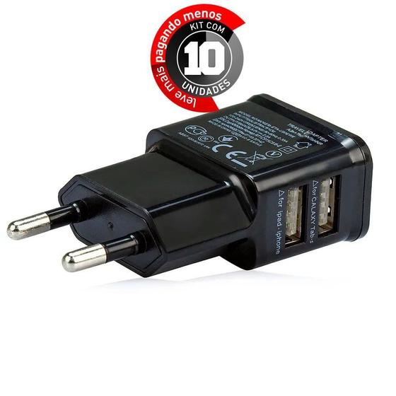 Imagem de Carregador Celular Com 2 Entradas Usb - Preto - Kit Com 10