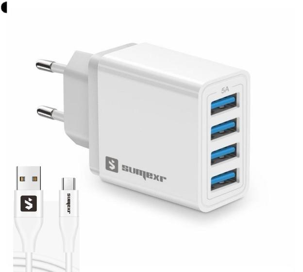 Imagem de Carregador Celular Com Cabo Tipo C Rapido 4 Saidas USB de 5Ah cor Branco