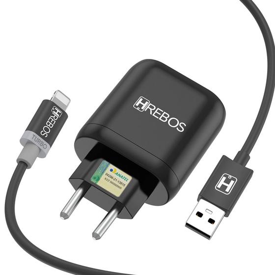 Imagem de Carregador Celular Dual Usb Turbo Hrebos Com Cabo Lightning Preto