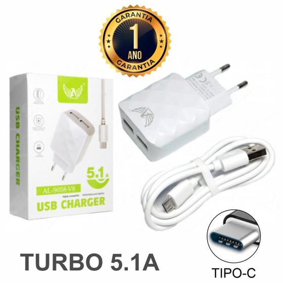Carregador Celular Turbo 5.1A cabo Tipo-C Menor preço em Carregador Celular Turbo 5.1A cabo Tipo-C