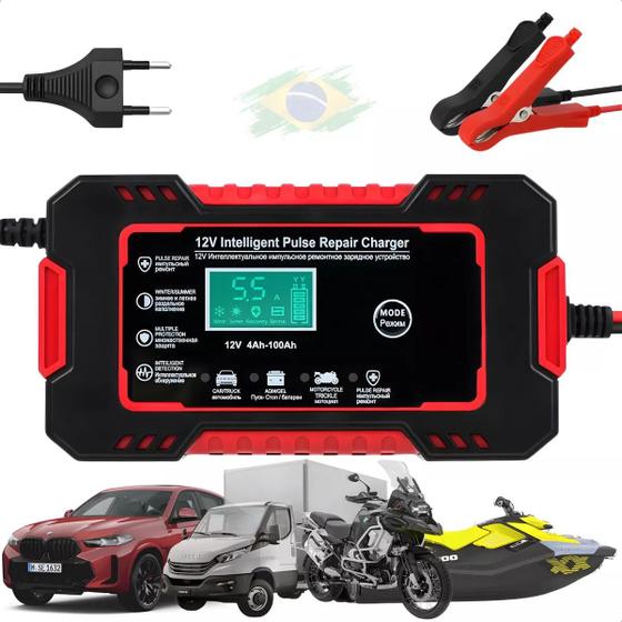 Carregador de Bateria Automotivo Inteligente Bivolt 12V 6A com Display LCD até 100Ah