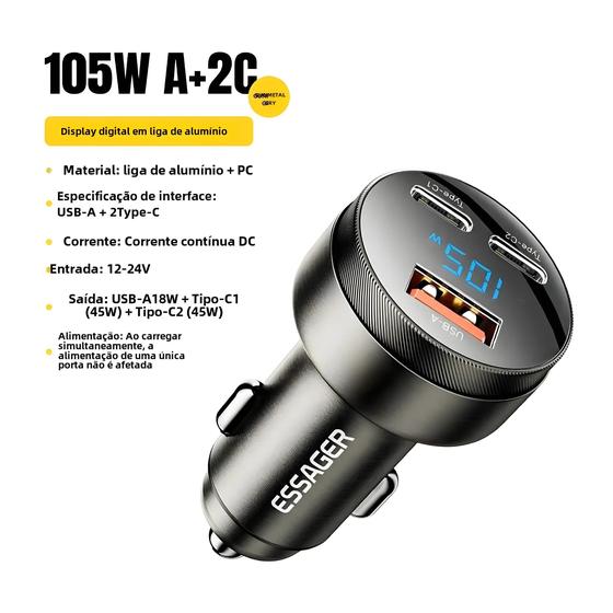 Carregador de Carro USB Rápido 105W Essager - Quick Charge 4.0 e QC 3.0 - Compatível com iPhone 14/15 e Xiaomi Menor preço em Carregador de Carro USB Rápido 105W Essager - Quick Charge 4.0 e QC 3.0 - Compatível com iPhone 14/15 e Xiaomi