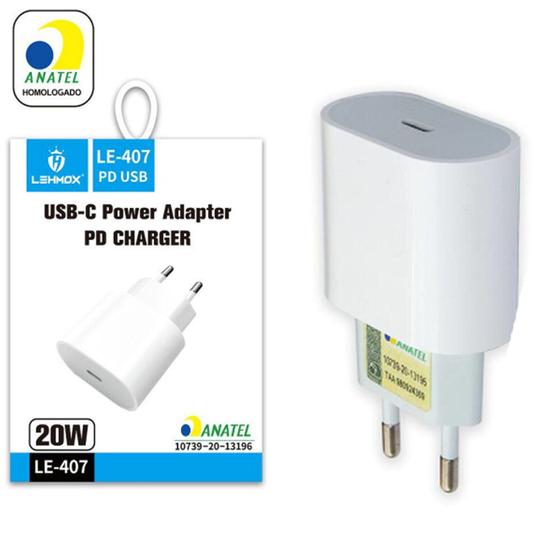 Carregador de Celular PD 20W Entrada Tipo C Selo Anatel LEHMOX - LE-407 Menor preço em Carregador de Celular PD 20W Entrada Tipo C Selo Anatel LEHMOX - LE-407