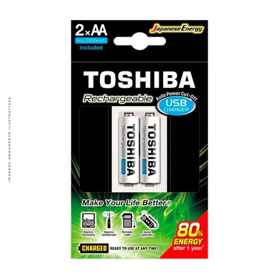 Imagem de Carregador de Pilha USB AA/AAA Toshiba, Com 2x Pilhas AA - TNHC-6GME2 CB