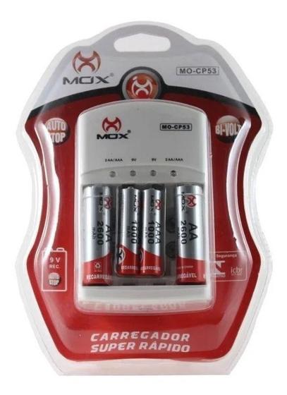 Imagem de Carregador De Pilhas Aa Aaa 9v Mox Bi-volt Auto Stop MO-CP52 C/4 Pilhas AAA