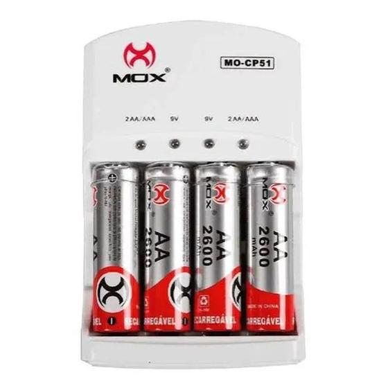 Imagem de Carregador de pilhas e bateria com 4 pilhas aa 2600mah mox