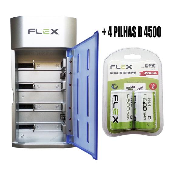 Imagem de Carregador de Pilhas Flex AA AAA C D Baterias 9v Led com 4 Pilhas D 4500 mAh Recarregáveis Universal FX-C06